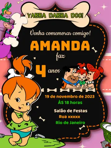 Convite Pedrita The Flintstones Orange para children's birthday – tema kids' birthday party (colorful, fun-filled, themed, vintage-inspired, youthful)