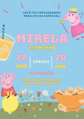 Convite Peppa Pig para children's birthday – tema kids' birthday party (colorful, fun, childish, themed, lively)