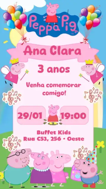 Convite Peppa Pig para aniversário infantil com tema peppa pig. – tema aniversário infantil (cores vibrantes, estilo divertido, elementos gráficos da Peppa Pig, ilustrações alegres, tema de festa infantil, design colorido)
