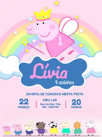 Convite Peppa Pig Fada Infantil para aniversário infantil – tema mais pesquisados (rosa, mágico, lúdico, infantil, colorido)