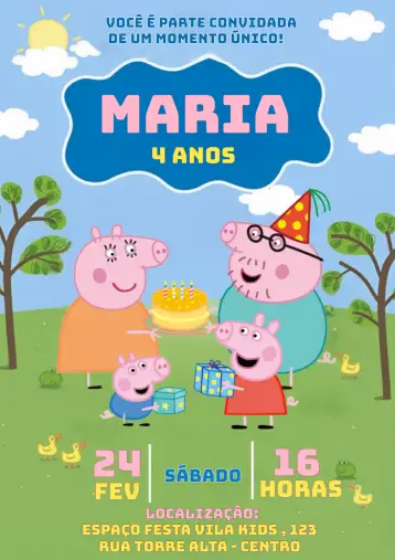 Convite Peppa Pig Geoge para aniversário infantil com tema peppa pig. – tema aniversário infantil (colorido, divertido, infantil, temático, animado)