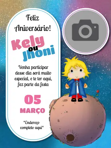 Convite Little Prince With Photo Model para children's birthday with the little prince theme. – tema most searched for (playful, childlike, delicate illustrations, soft colors, modern)