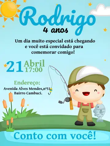 Convite Fishing Man para birthday with fishing theme. – tema birthday (fishing theme, blue and green colors, river graphic elements, fun design, rustic style, nature-inspired)