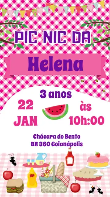 Convite Pic Nic para aniversário infantil – tema aniversário infantil (colorido, natural, vintage, divertido, lúdico, temático)