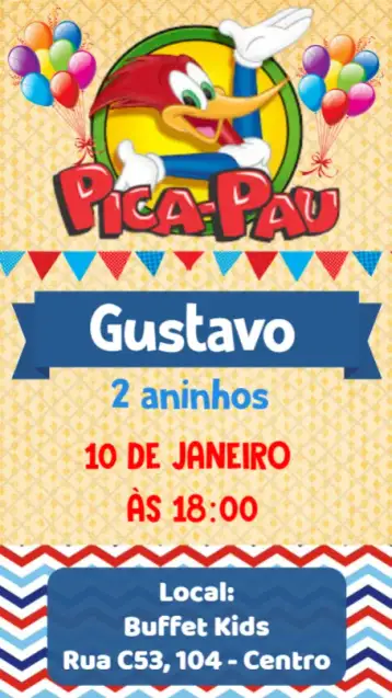 Convite Pica Pau para aniversário infantil – tema aniversário infantil (colorido, divertido, lúdico, infantil, temático, alegre)