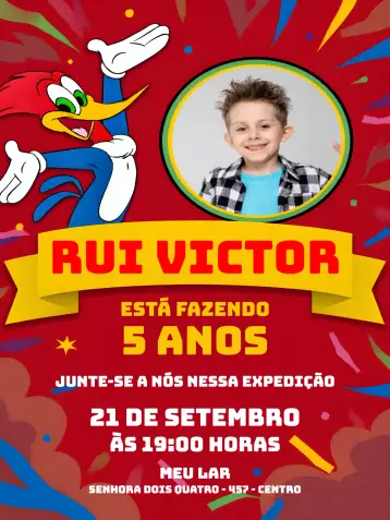 Convite Pica Pau Con Foto Chica para cumpleaños infantil – tema más buscados (colorido, divertido, infantil, temático, alegre)