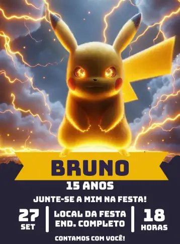 Convite Pikachu Pokemon Pokebola para aniversário infantil com tema pokémon. – tema mais pesquisados (anime, colorido, jovial, moderno, divertido)