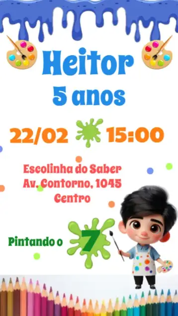 Convite Pintando o 7 para aniversário infantil – tema aniversário infantil (colorido, divertido, lúdico, creativo, artístico)