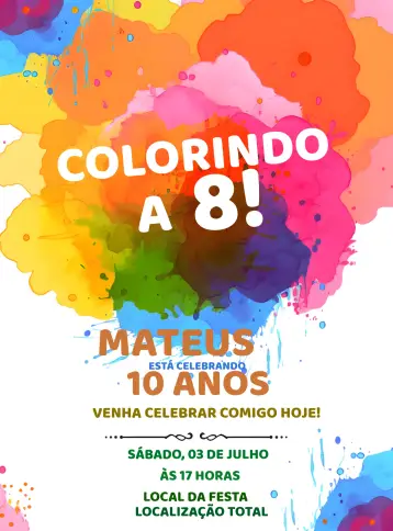 Convite Pintando O 7 - Aquarela Sete editável e personalizável