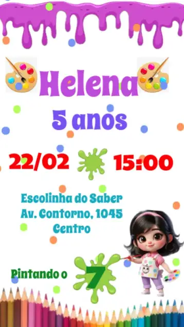 Convite Pintando o 7 para aniversário infantil. – tema aniversário infantil (colorido, lúdico, artístico, divertido, moderno)