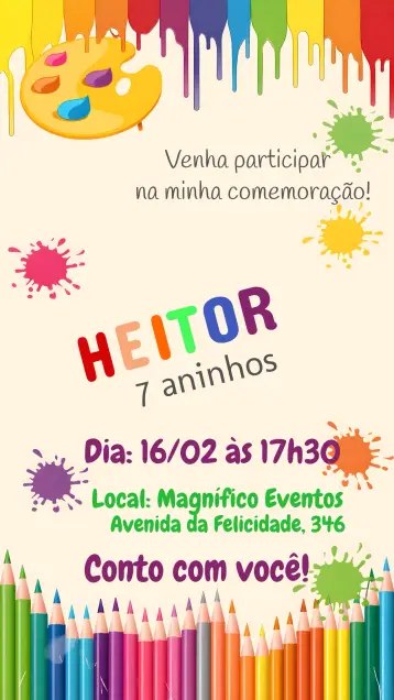 Convite Pintanto O 7 Infantil editável e personalizável