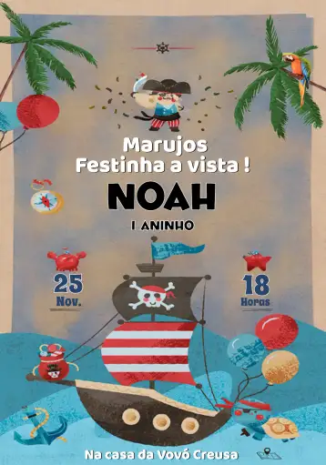 Convite Barco Pirata para cumpleaños infantil con temática de piratas. – tema más buscados (colorido, lúdico, naval, aventura, fantasía, infantil)