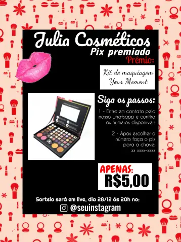 Convite Pix Premiado Maquiagem Boca para festa temática de maquiagem ou evento de beleza. – tema cartelas (moderno, vibrante, elegante, feminino, artístico)