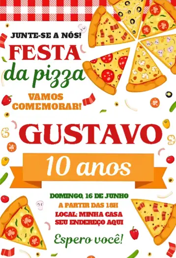 Convite Pizza Party 1 para aniversário com tema de festa de pizza. – tema aniversário (cores vibrantes, estilo divertido, elementos gráficos de pizza, design alegre, tema gastronômico, estilo casual)