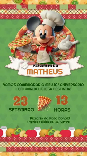 Convite Pizzaria Do Mickey Mouse Disney para aniversário infantil com tema mickey mouse. – tema mais pesquisados (colorido, divertido, temático, infantil, Disney)