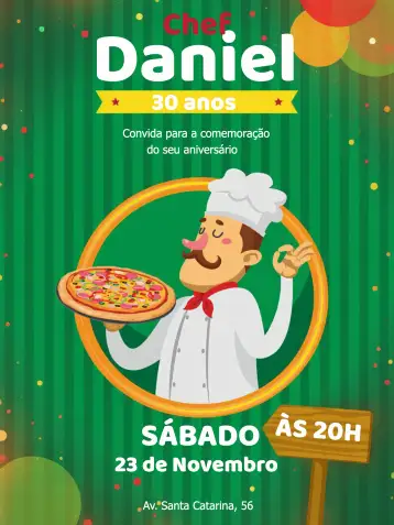 Convite Pizzería Cena para ideal para el cumpleaños del chef o amantes de la culinaria. – tema cumpleaños (colorido, temático, moderno, rojo, verde, gastronómico)