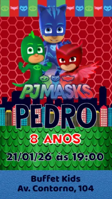 Convite PJ Masks editável e personalizável