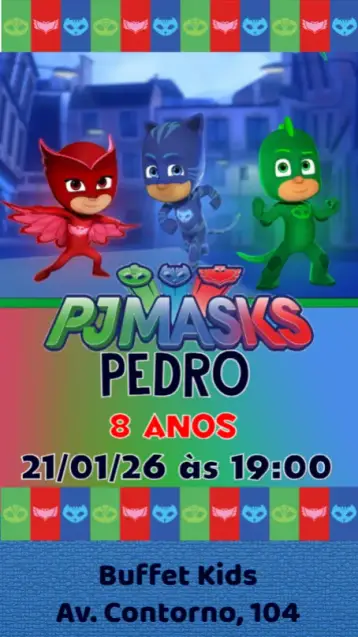 Convite PJ Masks editável e personalizável