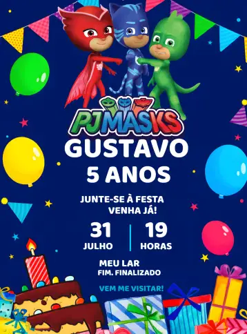 Convite Pj Masks para aniversário infantil. – tema más buscados (azul, temático, divertido, infantil, heróis, brilhante)