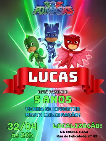 Convite Pj Masks Azul para aniversário infantil com tema pj masks. – tema más buscados (colorido, divertido, heroico, infantil, animado)