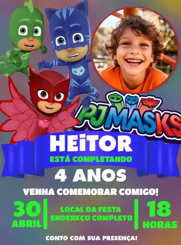 Convite Pj Masks Con Foto Amaya para cumpleaños infantil con temática de pj masks. – tema más buscados (colorido, temático, divertido, superhéroes, infantil)