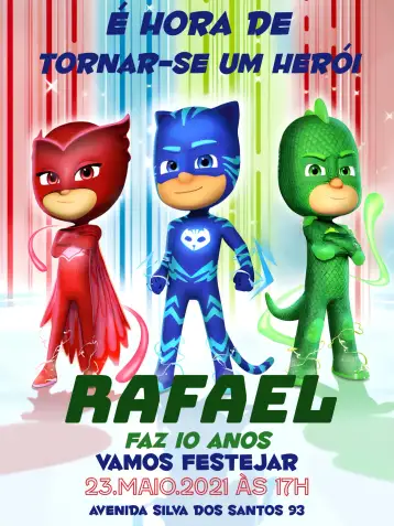 Convite Pj Masks Rojo para cumpleaños infantil con temática de pj masks. – tema cumpleaños (temática Pj Masks, colores vibrantes, estilo infantil, superhéroes, diseño colorido)