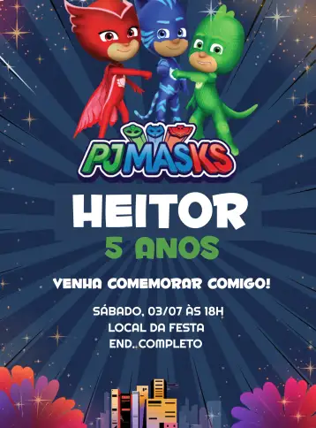 Convite Pj Masks Héroes para cumpleaños infantil con temática de pj masks. – tema más buscados (colorido, aventura, héroes, infantil, divertido, temático)