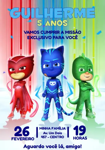 Convite Pj Masks Niño para cumpleaños infantil – tema más buscados (azul, superhéroes, temática infantil, divertido, aventura)