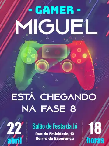 Convite Playstation Controle – tema Mais pesquisados moderno, jogos, tecnológico, colorido, dinâmico, divertido