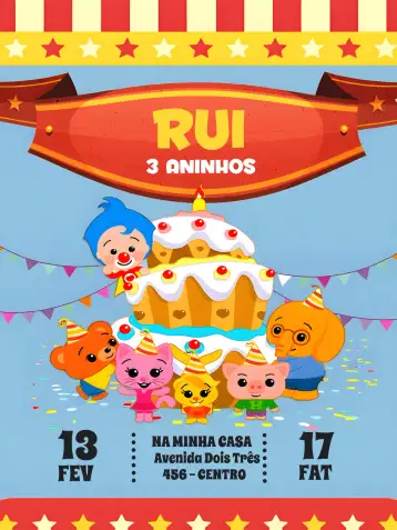 Convite Plim Um Herói Do Coração Animais para aniversário infantil com tema de circo e animais. – tema mais pesquisados (colorido, circense, animais, divertido, infantil)