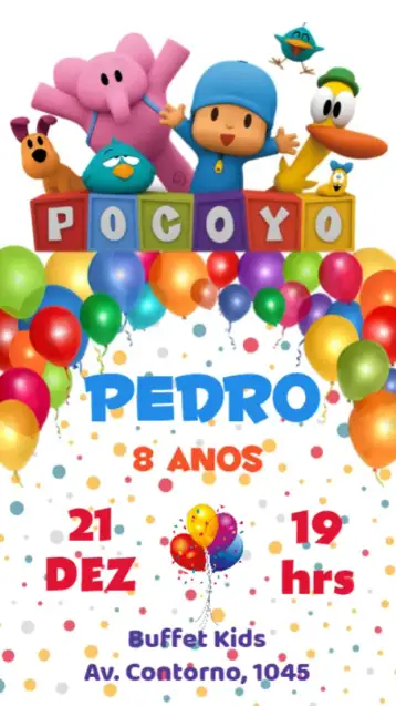 Convite Pocoyo para aniversário infantil – tema aniversário infantil (colorido, divertido, lúdico, ilustrações infantis, tropical, moderno)