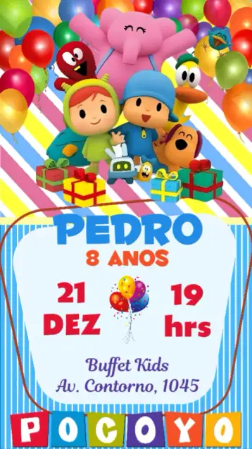 Convite Pocoyo para aniversário infantil – tema aniversário infantil (colorido, divertido, temático, brincalhão, infantil)