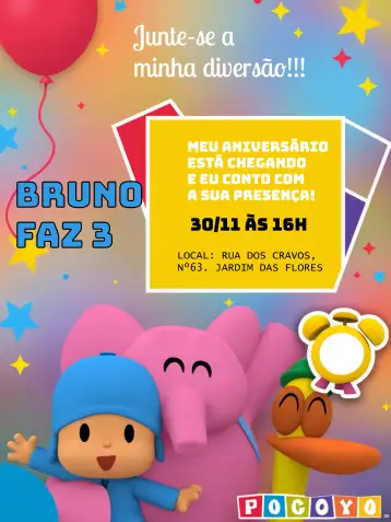 Convite Pocoyo Amarillo para cumpleaños infantil – tema cumpleaños (colorido, infantil, divertido, temático, brincalhón, animado)