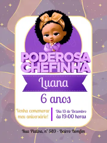 Convite Poderosa Chefinha Negra Banner para aniversário e festas temáticas. – tema mais pesquisados (colorido, geométrico, moderno, vibrante, arrojado)
