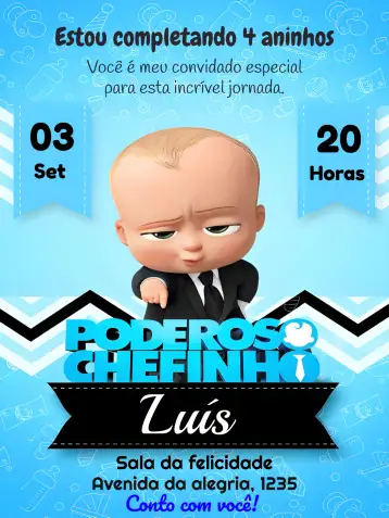 Convite Poderoso Chefinho para aniversário infantil com tema do poderoso chefinho. – tema mais pesquisados (divertido, infantil, moderno, lúdico, colorido)