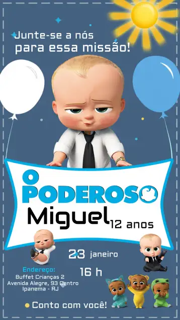 Convite Poderoso Chefinho Aniversásrio para aniversário infantil com tema do poderoso chefinho. – tema mais pesquisados (azul, preto, branco, divertido, infantil, moderno)