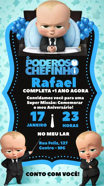 Convite Poderoso Chefinho Boss para aniversário infantil. – tema mais pesquisados (azul, divertido, infantil, moderno, temático)