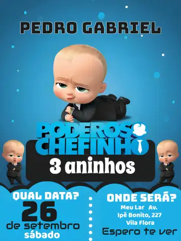 Convite Poderoso Chefinho Boss para aniversário infantil com tema poderoso chefinho. – tema mais pesquisados (moderno, divertido, colorido, infantil, elegante)