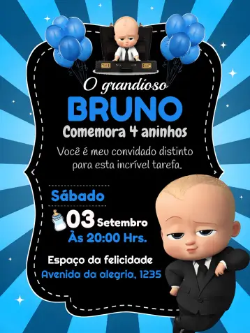 Convite Poderoso Chefinho Preto editável e personalizável