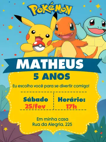 Convite Pokemon para children's birthday party with a pokémon theme. – tema most searched for (colorful, fun, youthful, themed, illustrative)