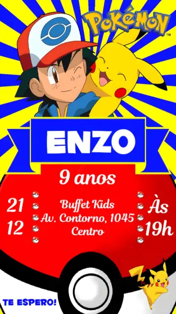 Convite Pokemon para aniversário infantil com tema pokemon. – tema aniversário infantil (colorido, lúdico, temático, divertido, animado)