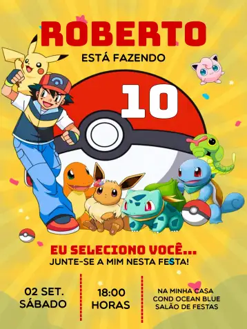 Convite Pokemon Amarelo para aniversário infantil e festas temáticas. – tema mais pesquisados (colorido, divertido, infantil, moderno, temático, jovial)