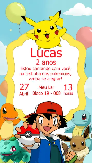 Convite Pokemon Ash para cumpleaños infantil. – tema más buscados (colorido, anime, divertido, jovial, jogos, infantil)