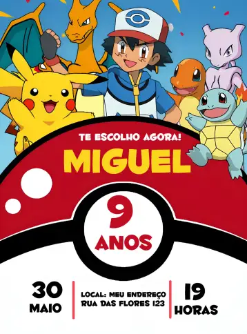 Convite Pokemon Blanco para cumpleaños infantil con tema pokémon. – tema más buscados (moderno, divertido, colorido, juvenil, temático, lúdico)
