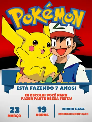 Convite Pokemon Infantil para aniversário infantil. – tema mais pesquisados (colorido, divertido, jovial, temático, ilustrativo)