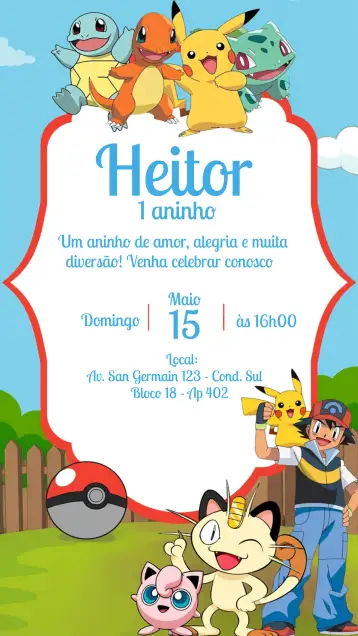 Convite Pokemon Pikachu para cumpleaños infantil – tema cumpleaños infantil (colorido, anime, moderno, divertido, temático)