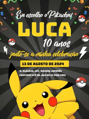 Convite Pokemon Pikachu Rocket para aniversário infantil com tema pokemon. – tema más buscados (colorido, anime, divertido, jovial, temático)