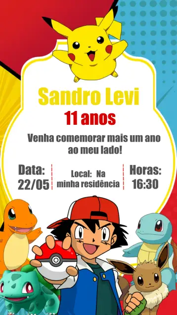 Convite Black Pokemon para children's birthday with a pokémon theme. – tema most searched for (Pokémon theme, vibrant colors, fun design, graphic elements, modern style)