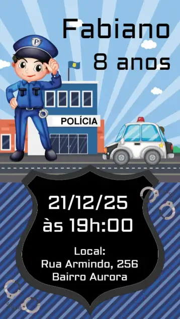 Convite Polícia Menino para aniversário infantil com tema de polícia. – tema aniversário (policial, divertido, colorido, infantil, temático)