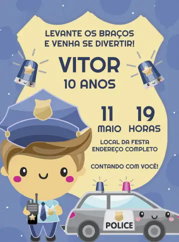 Convite Police Car Invitation para children's birthday with a professions theme. – tema most searched for (modern, fun, colorful, themed, youthful)